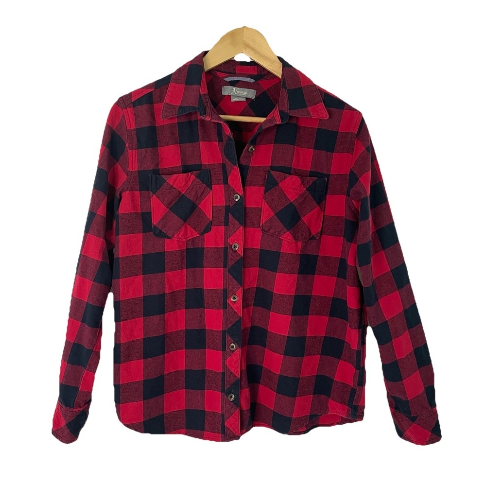 Natural Reflections Flannel Top Womens Medium M Red Check Plaid Button Up